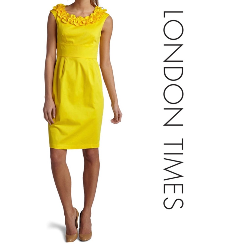London Times Yellow Ruffle Neck Dress
